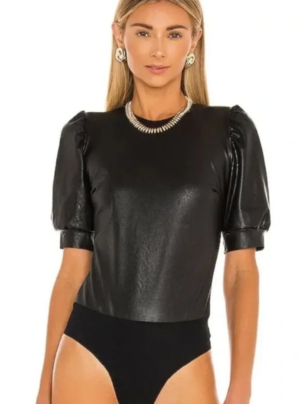 NWT COMMANDO Puff Sleeve Vegan Leather Bodysuit Black L